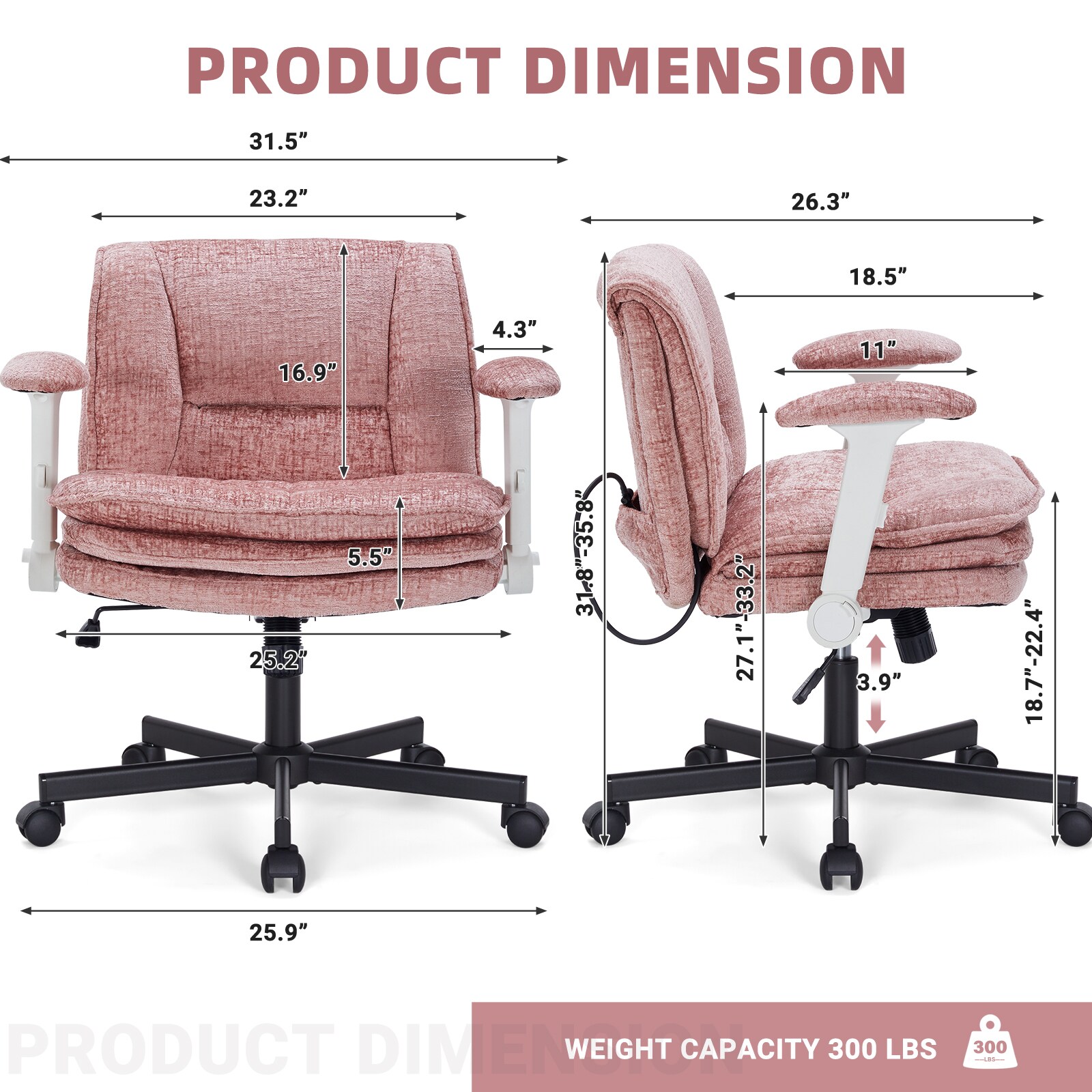 Criss Cross Chair With Wheels And Flip Arms, Upholstered Cross Legged Office Chair With 3 Layer Cushions&Dynamic Airbag Lumbar Support, Wide Seat Comfy Desk Chair For Home Office, Living Room, Pink_maomaolike.com